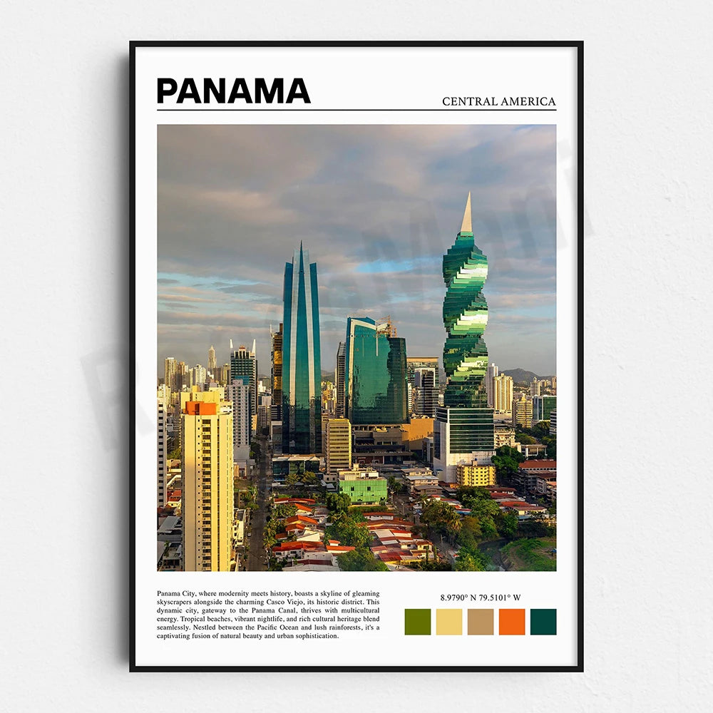 L'image montre un paysage urbain de Panama, une ville dynamique où l'architecture moderne côtoie le patrimoine historique. La skyline de gratte-ciel se dessine contre un ciel nuageux, reflétant la fusion harmonieuse entre modernité et tradition qui caractérise cette ville d'Amérique centrale.