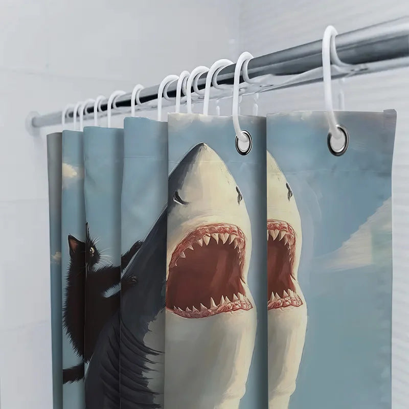 Décoration salle de bain originale rideau chat requin