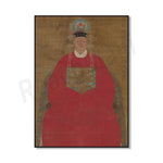 Un personnage revêtu de rouge et coiffé d'un ornement complexe semble représenter une figure d'autorité ou de prestige dans une peinture traditionnelle.