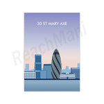 L'image montre une illustration de l'horizon de la ville de 30 St Mary Axe, avec des gratte-ciel en arrière-plan.