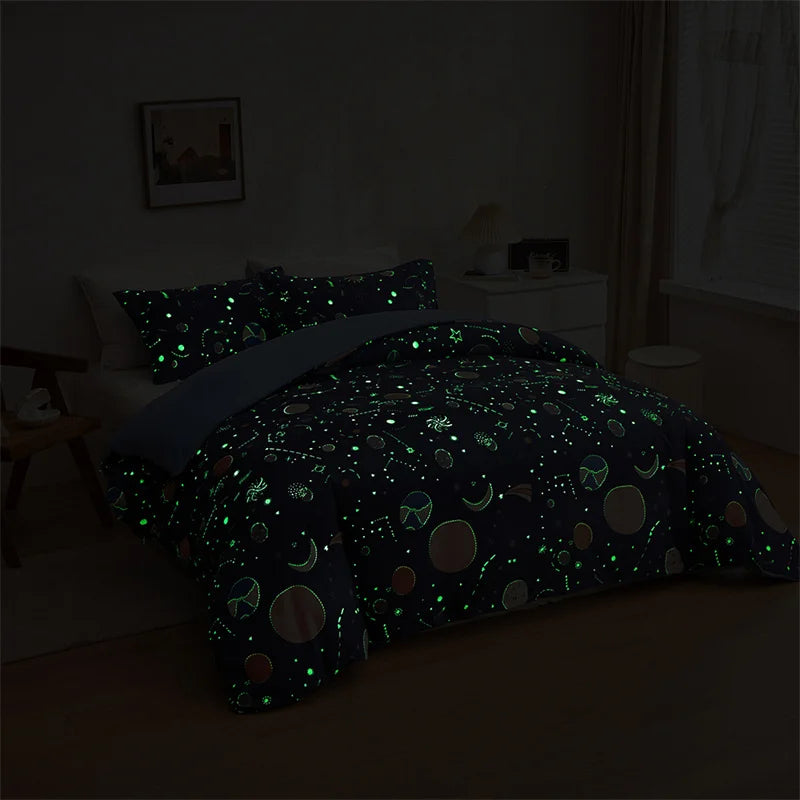 Parure de lit fluorescente avec motif etoiles et lune