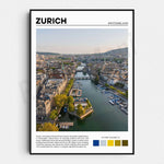 Vue aérienne de Zurich, la ville suisse, avec sa vieille ville historique, ses bâtiments modernes et son réseau fluvial.
