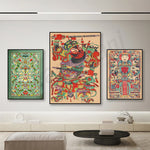 Une collection d'œuvres d'art colorées et ornementales inspirées de l'art traditionnel asiatique, montrant des motifs complexes et des personnages fantastiques.