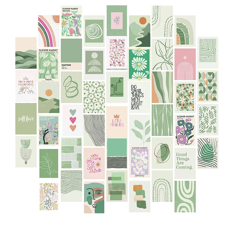 Kit de collage mural vert sauge 50 pièces sur mur blanc