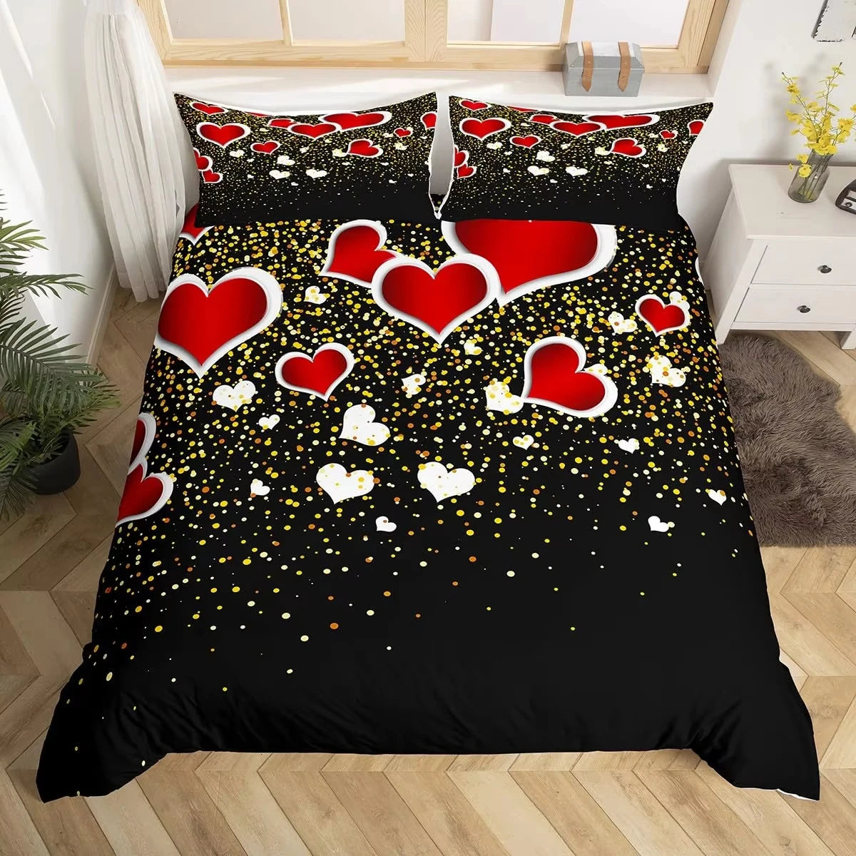 Ensemble housse de couette et taies d'oreiller coeurs léopard disposé sur lit