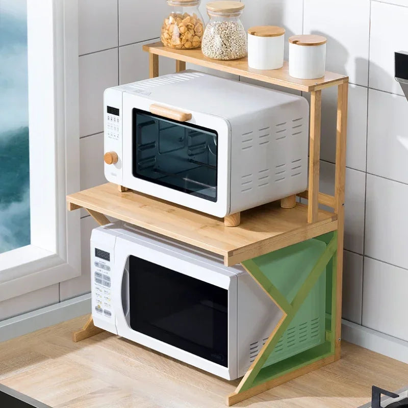 Support micro-ondes bambou double étagère couleur bleu profond