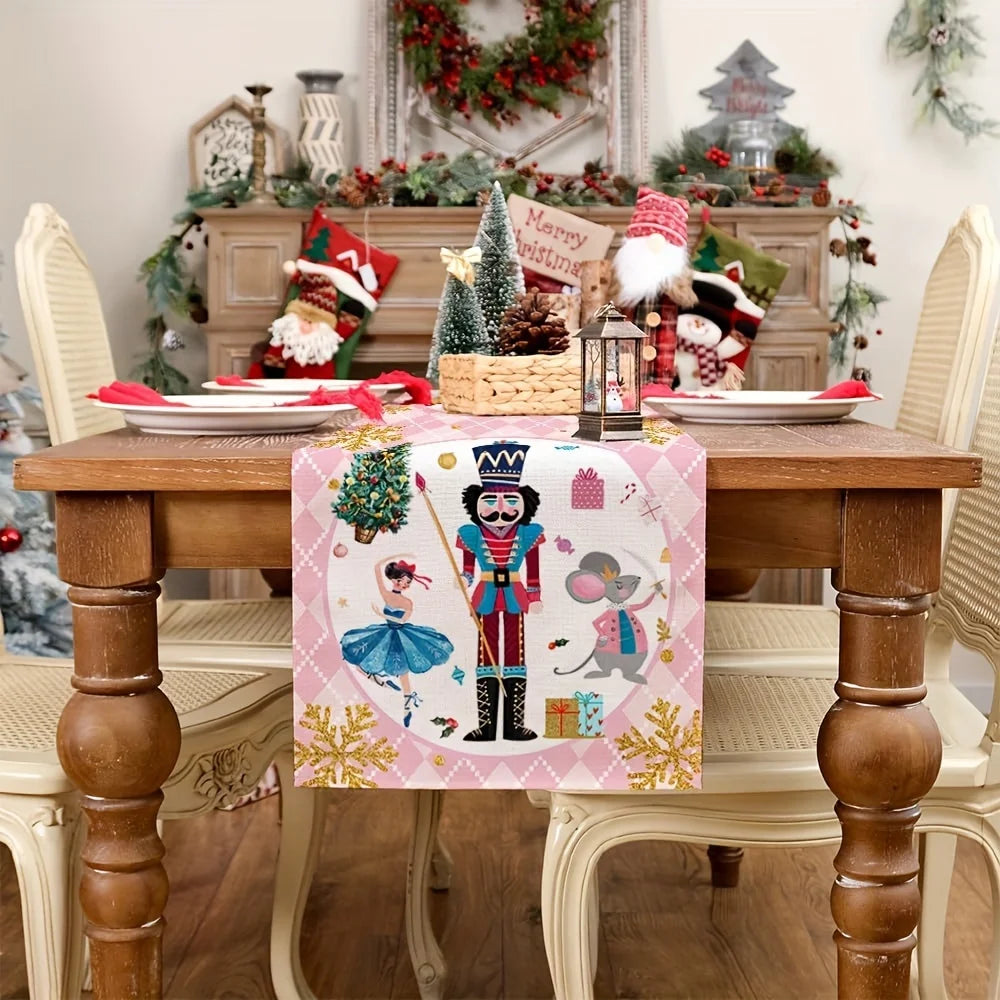Une décoration de Noël festive avec des éléments traditionnels comme des figurines de Père Noël et un arrangement floral coloré sur un buffet en bois.