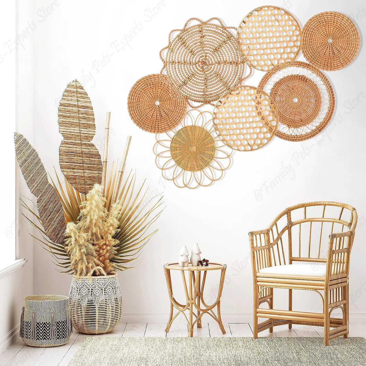 Set de 7 paniers rotin décoration murale boho suspendus gris clair