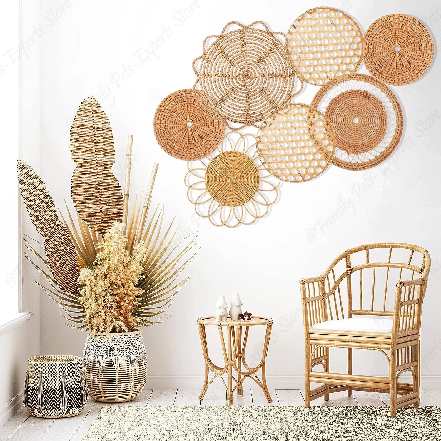 Set de 7 paniers rotin décoration murale boho suspendus gris clair