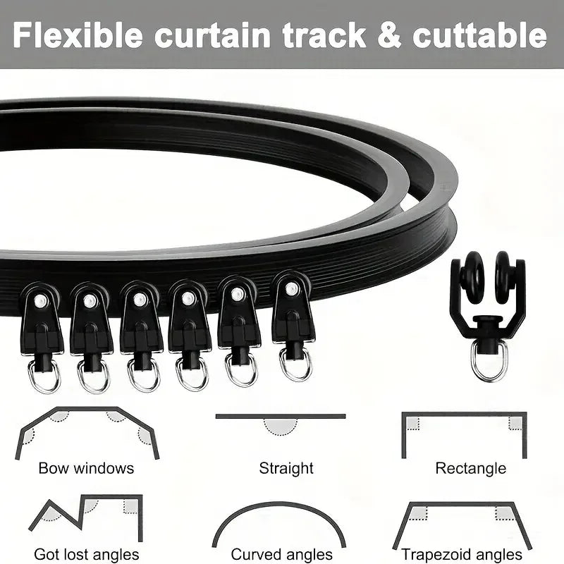 Rail de rideau flexible noir installé comme séparateur de pièce