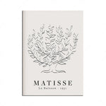 L'image présente une illustration minimaliste d'un arbre avec des branches et des feuilles stylisées sur un fond blanc, avec le titre "MATISSE Le Buisson - 1951" en bas de l'image.