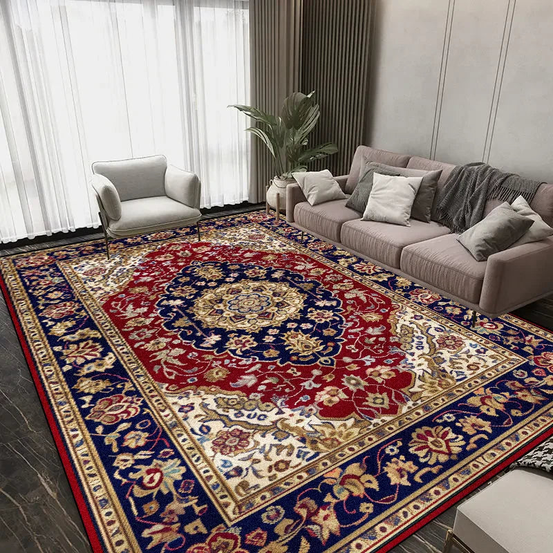 Un somptueux tapis persan au design floral ornant un salon élégant avec des meubles confortables.