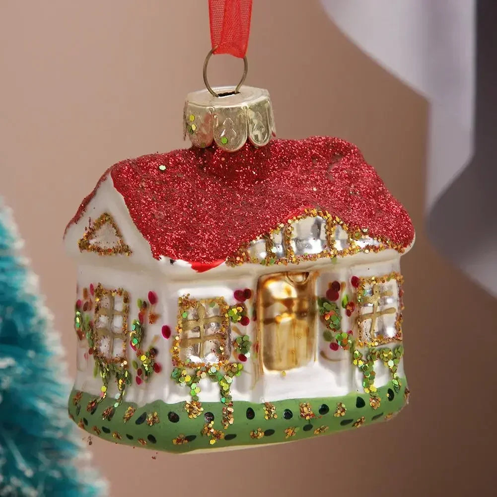 Maison miniature en verre rouge pour décorations de fêtes