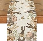 Motif de pâques avec des lapins, des oeufs et des fleurs sur un fond crème.