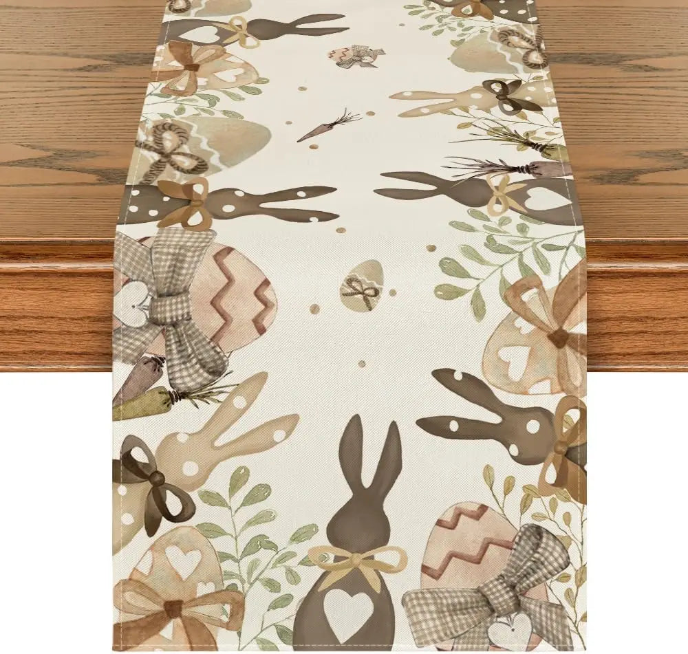 Motif de pâques avec des lapins, des oeufs et des fleurs sur un fond crème.