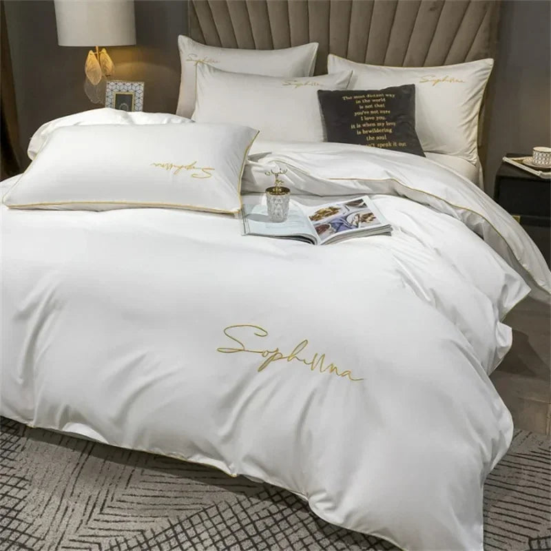 Détail de la broderie sur la housse de couette en polyester