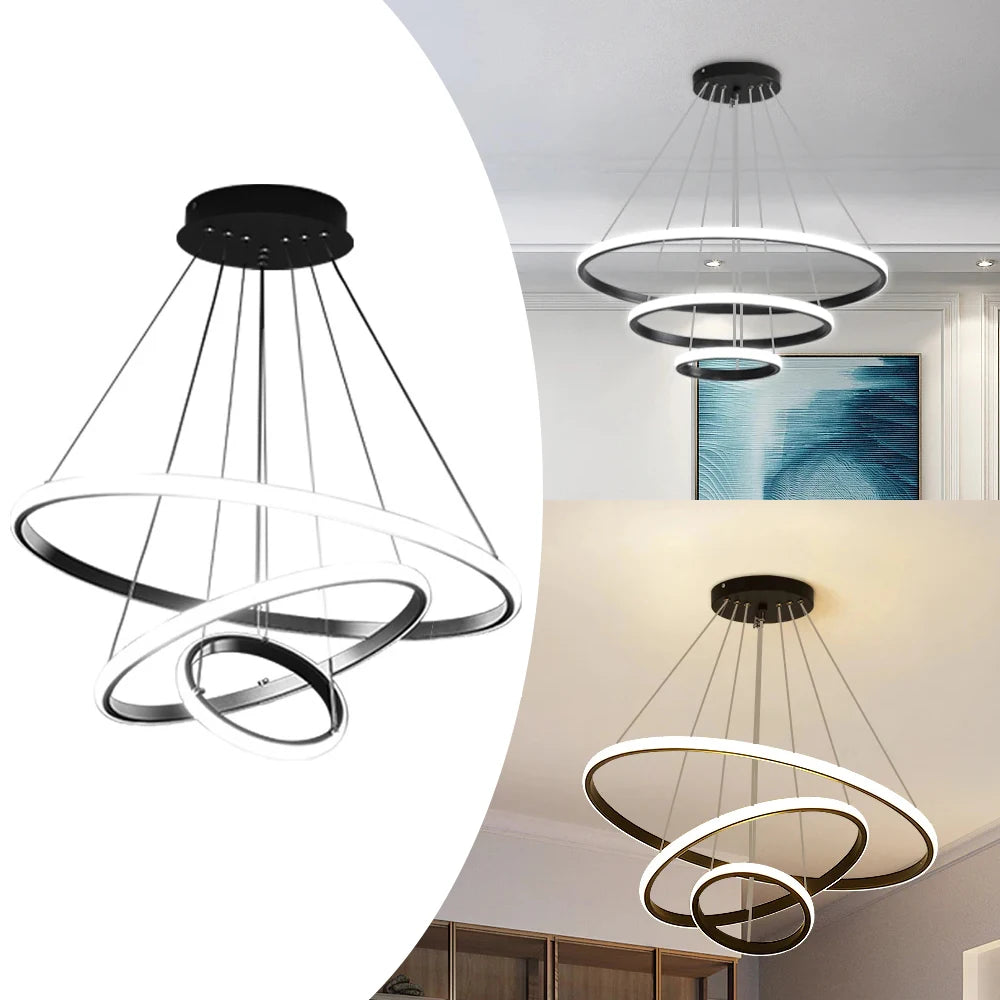 Lampe suspendue 3 anneaux noire design moderne