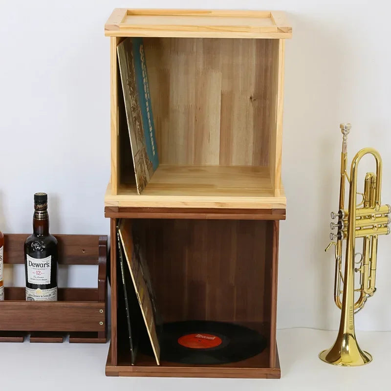 Boîte rangement vinyle vintage bois massif jaune