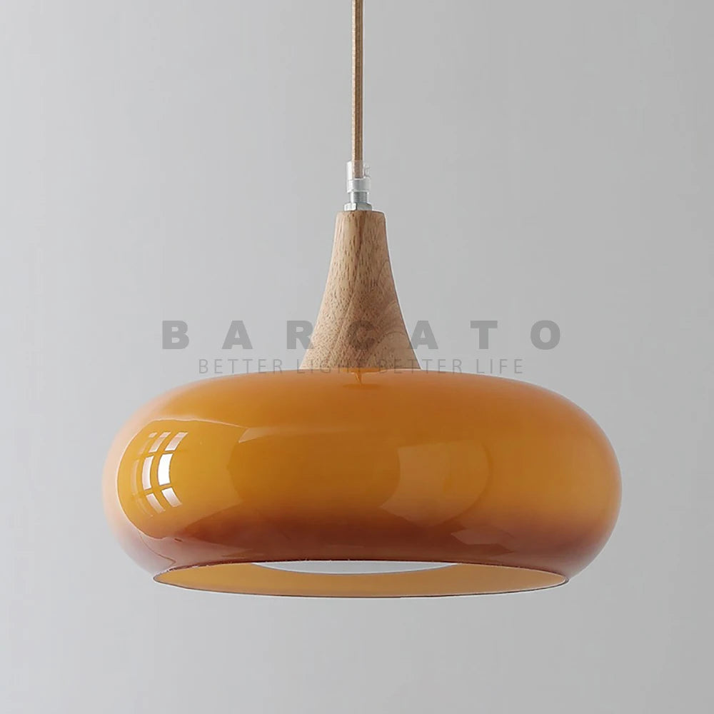 Lustre suspendu orange rétro en verre et bois pour salon moderne