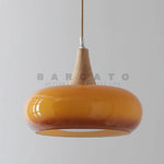 Lustre suspendu orange rétro en verre et bois pour salon moderne