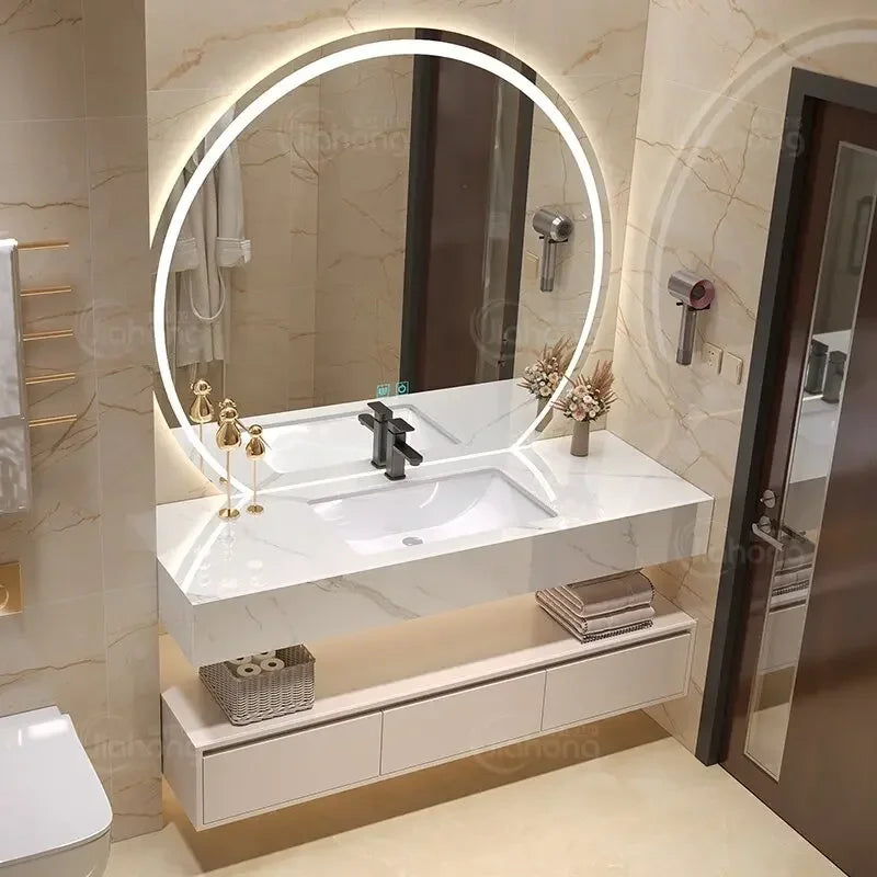 Meuble de salle de bain d'angle avec miroir et étagère de rangement serviette en pierre artificielle