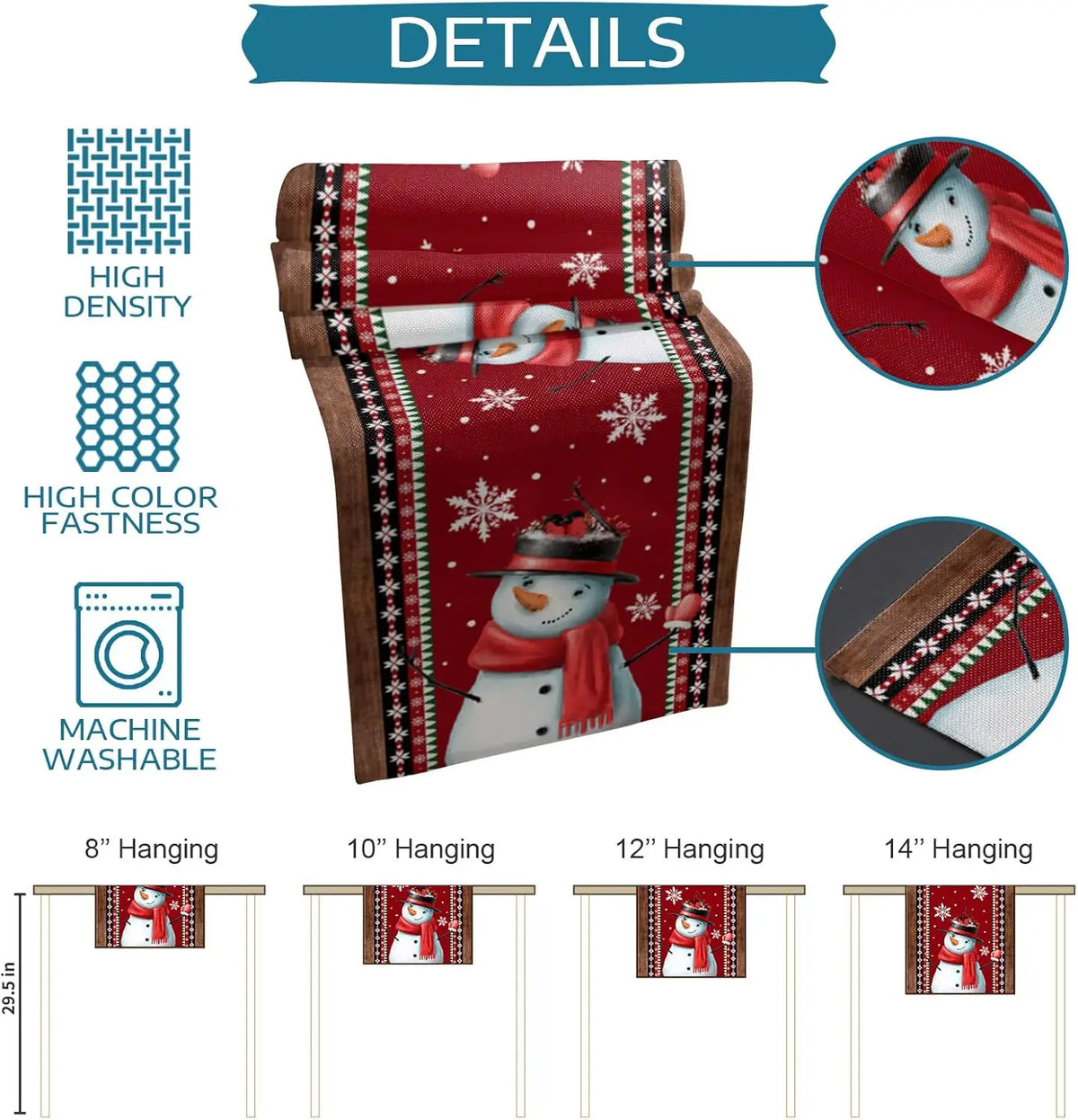 Couverture en polaire avec motifs de bonhommes de neige et flocons de neige sur un fond rouge, disponible en différentes tailles de 8 à 14 pouces.