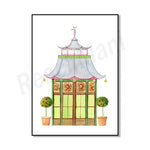 Une structure ornée de style asiatique avec un toit et des motifs floraux, entourée de pots de plantes vertes.