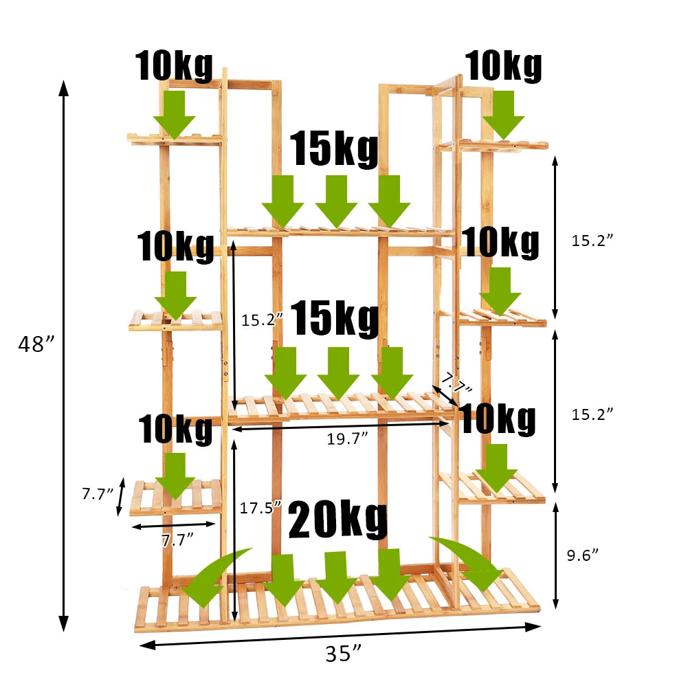 Étagère à plantes bambou 9 tablettes vue de face