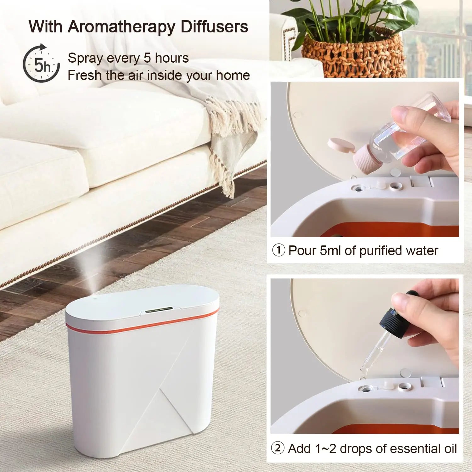 Poubelle automatique avec diffuseur d'huile essentielle violette