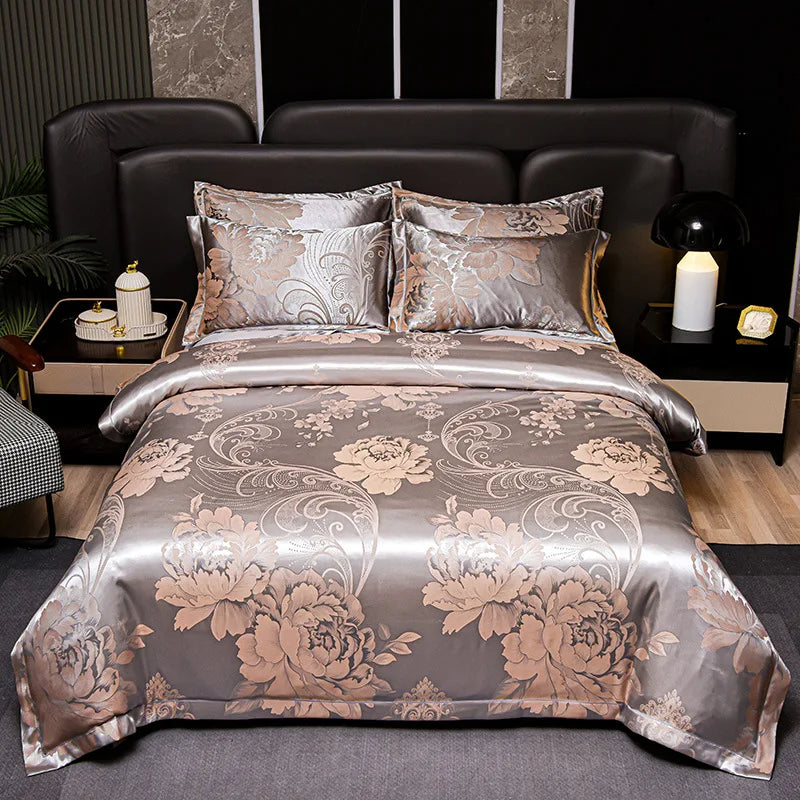 Parure de lit en satin jacquard de luxe sur un lit double