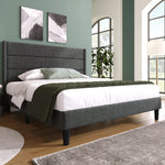 Lit double 140x200 cm avec tête de lit design en tissu lin gris foncé