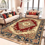 Un tapis oriental richement décoré de motifs floraux colorés, au centre d'un élégant salon avec des meubles anciens et des rideaux élégants.