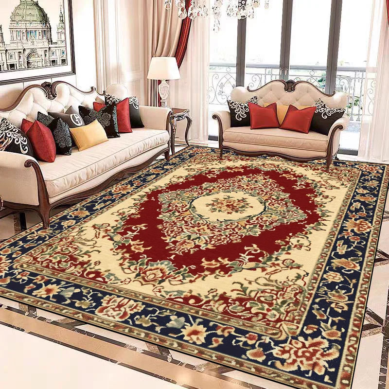 Un tapis oriental richement décoré de motifs floraux colorés, au centre d'un élégant salon avec des meubles anciens et des rideaux élégants.