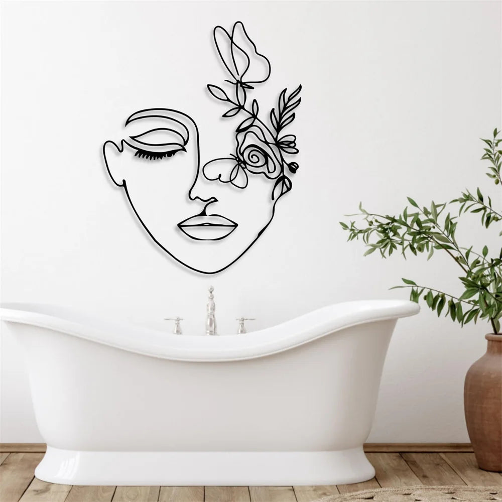 Décor mural métal femme de ligne dans une chambre à coucher élégante