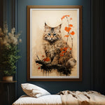 Un chat majestueux parmi les feuilles d'automne, son regard intense captivant l'attention dans cette œuvre d'art murale.