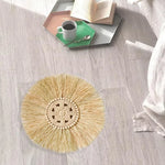 Décoration murale en paille tissée main avec perles de bois, ornement rond boho jaune