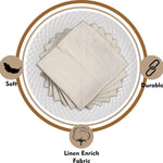 Tissu d'enrichissement en lin doux et durable présenté sur un fond blanc avec des éléments graphiques représentant la douceur et la durabilité.
