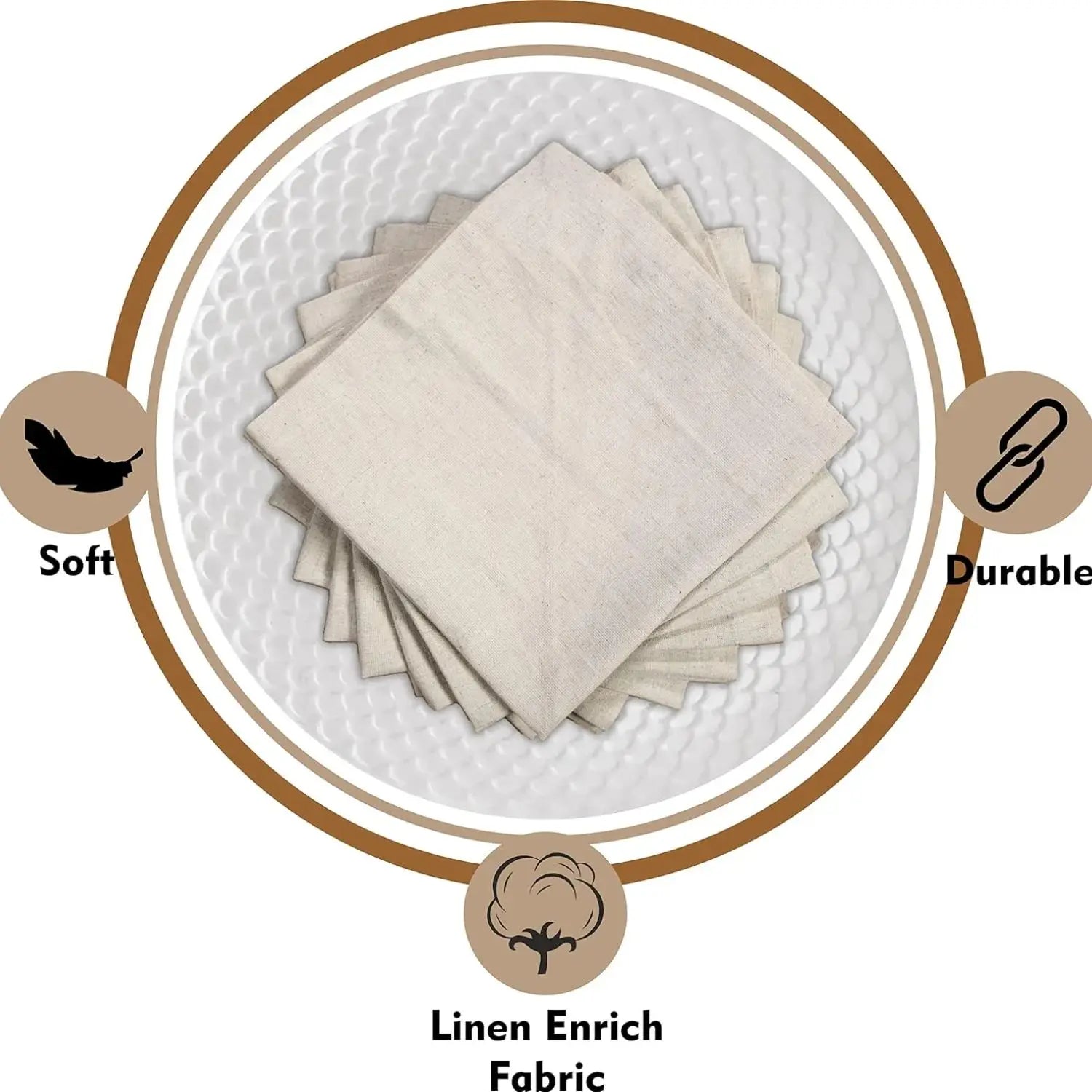 Tissu d'enrichissement en lin doux et durable présenté sur un fond blanc avec des éléments graphiques représentant la douceur et la durabilité.