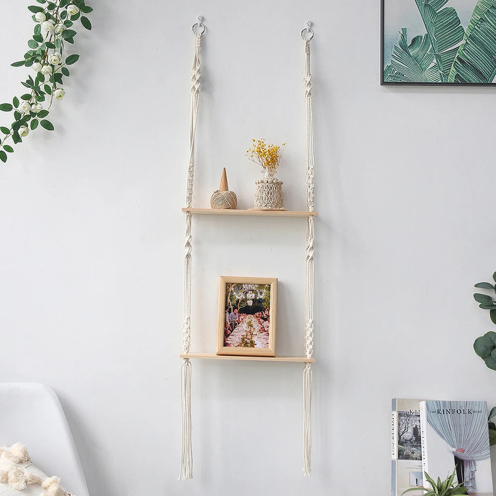 Présentoir mural macramé bois naturel