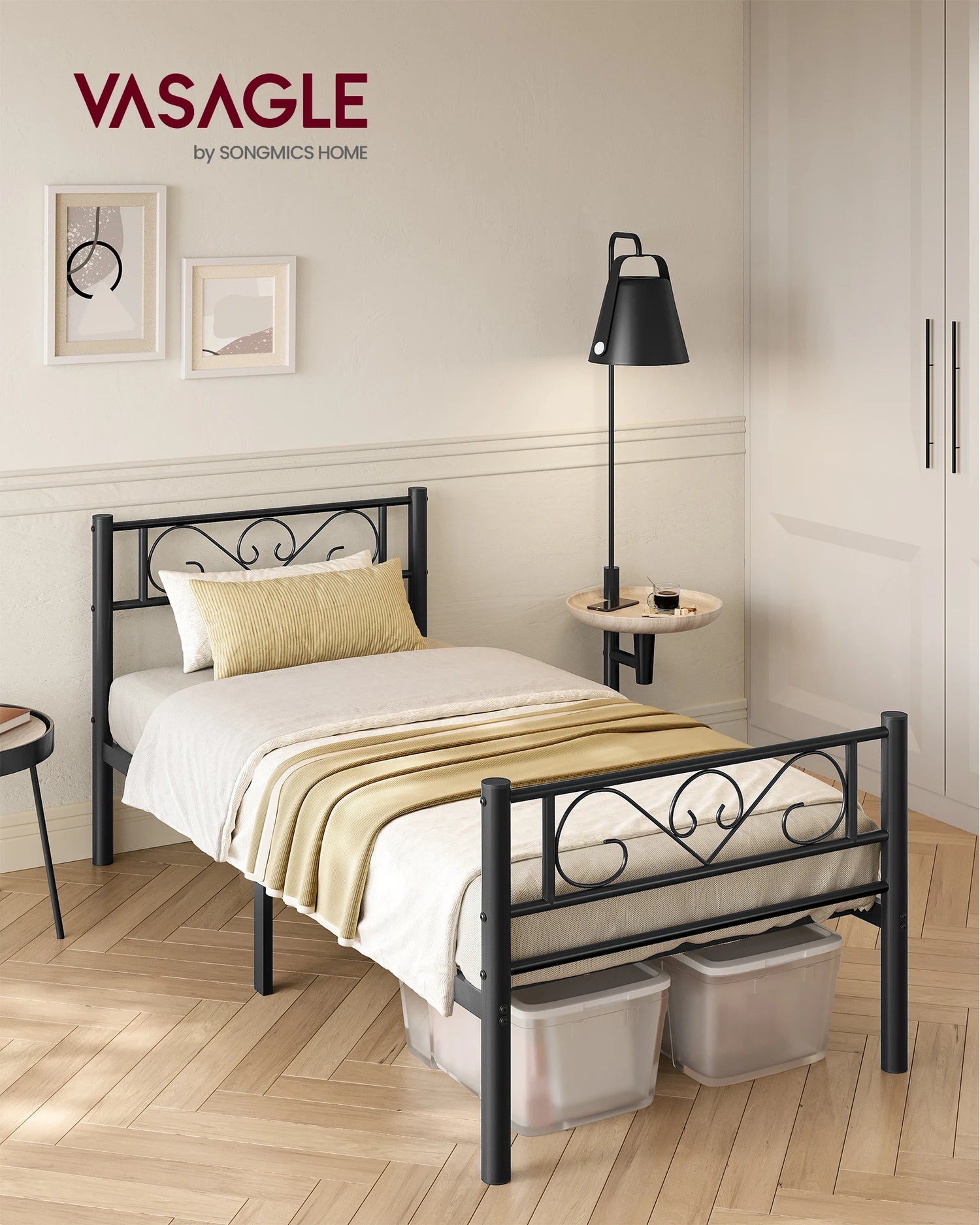 Cadre de lit 90x190 cm noir avec sommier métal dans une chambre moderne