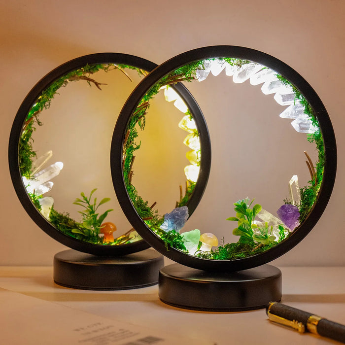 Lampe de chevet LED en quartz naturel avec design forestier, vue de face