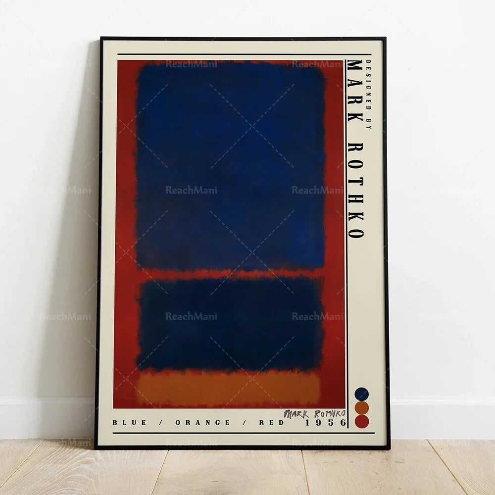 Cette œuvre abstraite utilise des motifs géométriques et des couleurs vives, notamment le bleu, l'orange et le rouge, pour créer une composition dynamique et harmonieuse.