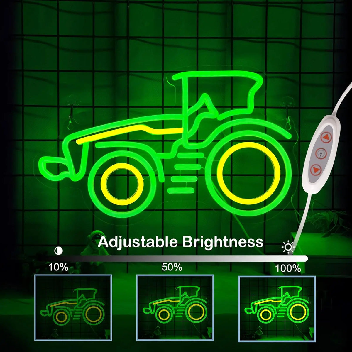 Détail de l'enseigne néon tracteur montrant les bandes LED flexibles