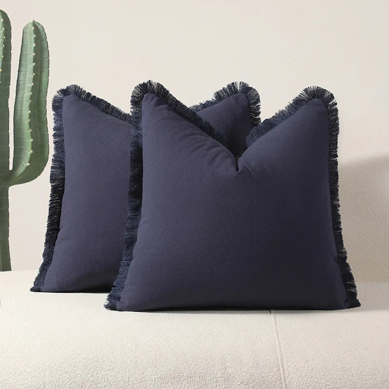 Deux coussins décoratifs noirs avec des franges ornant un intérieur contemporain avec un cactus en arrière-plan.
