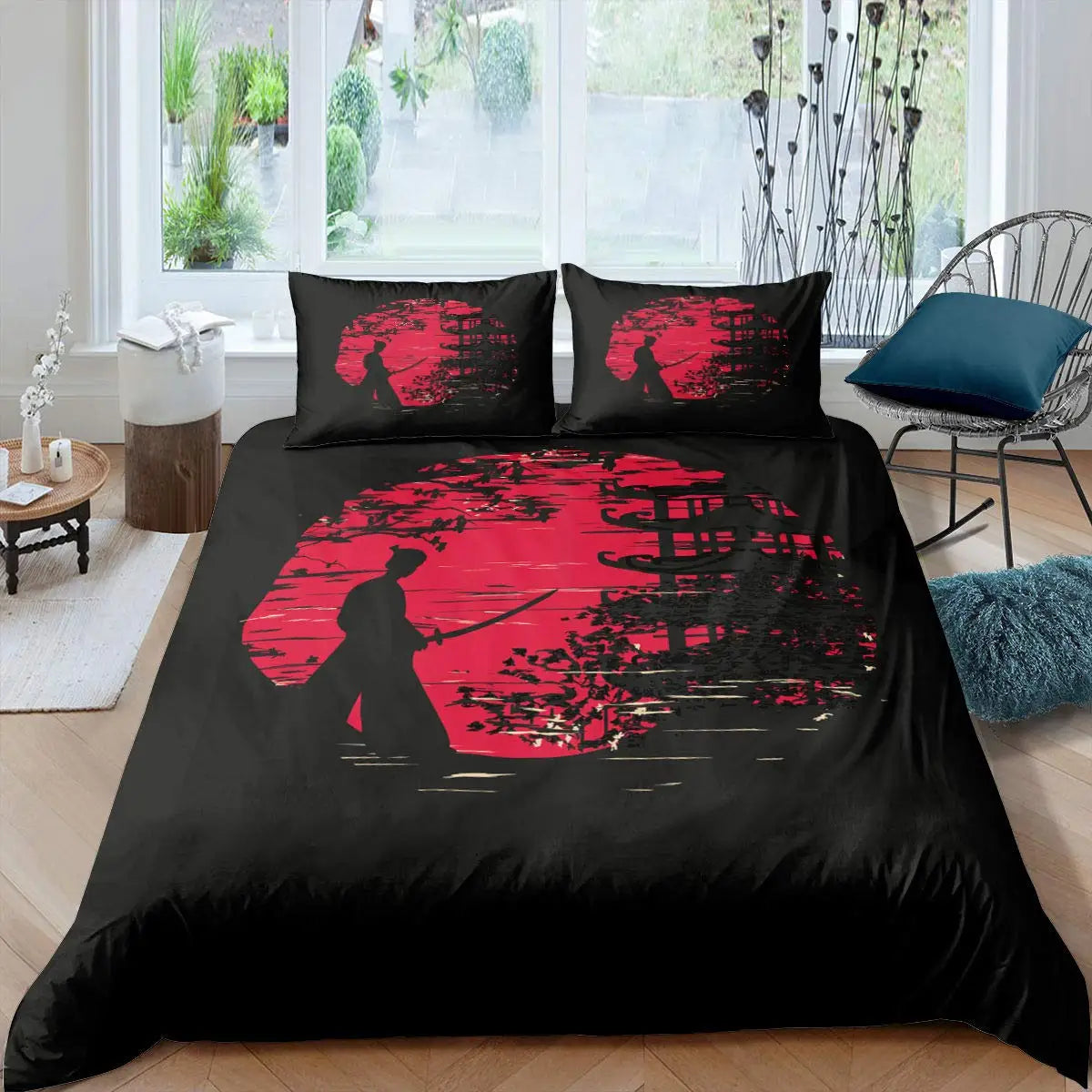 Housse de couette samouraï japonais homme noir rouge