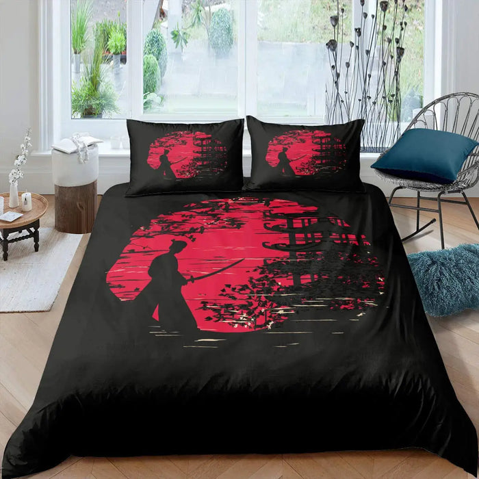 Housse de couette samouraï japonais homme noir rouge