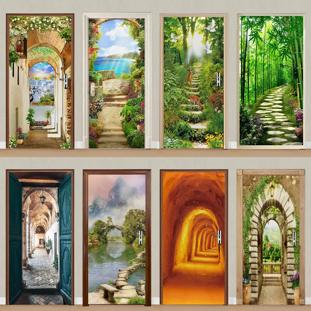 Autocollant de porte 3D paysage urbain gris clair appliqué sur une porte blanche