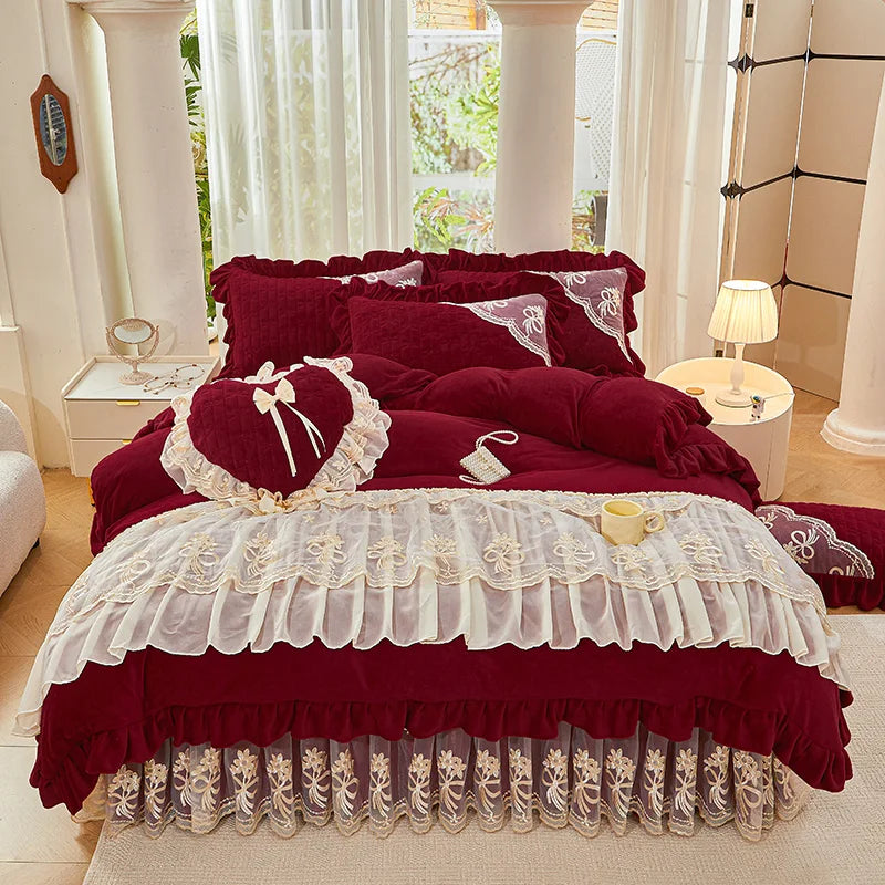 Parure de lit bordeaux velours de lait jupe de lit