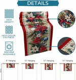 Cette image présente un chemin de table décoratif aux motifs floraux colorés, avec des fleurs de poinsettia, des branches de sapin et des baies rouges. Le tissu a une haute densité et des couleurs vives, il est lavable en machine et disponible en différentes tailles de suspendu.