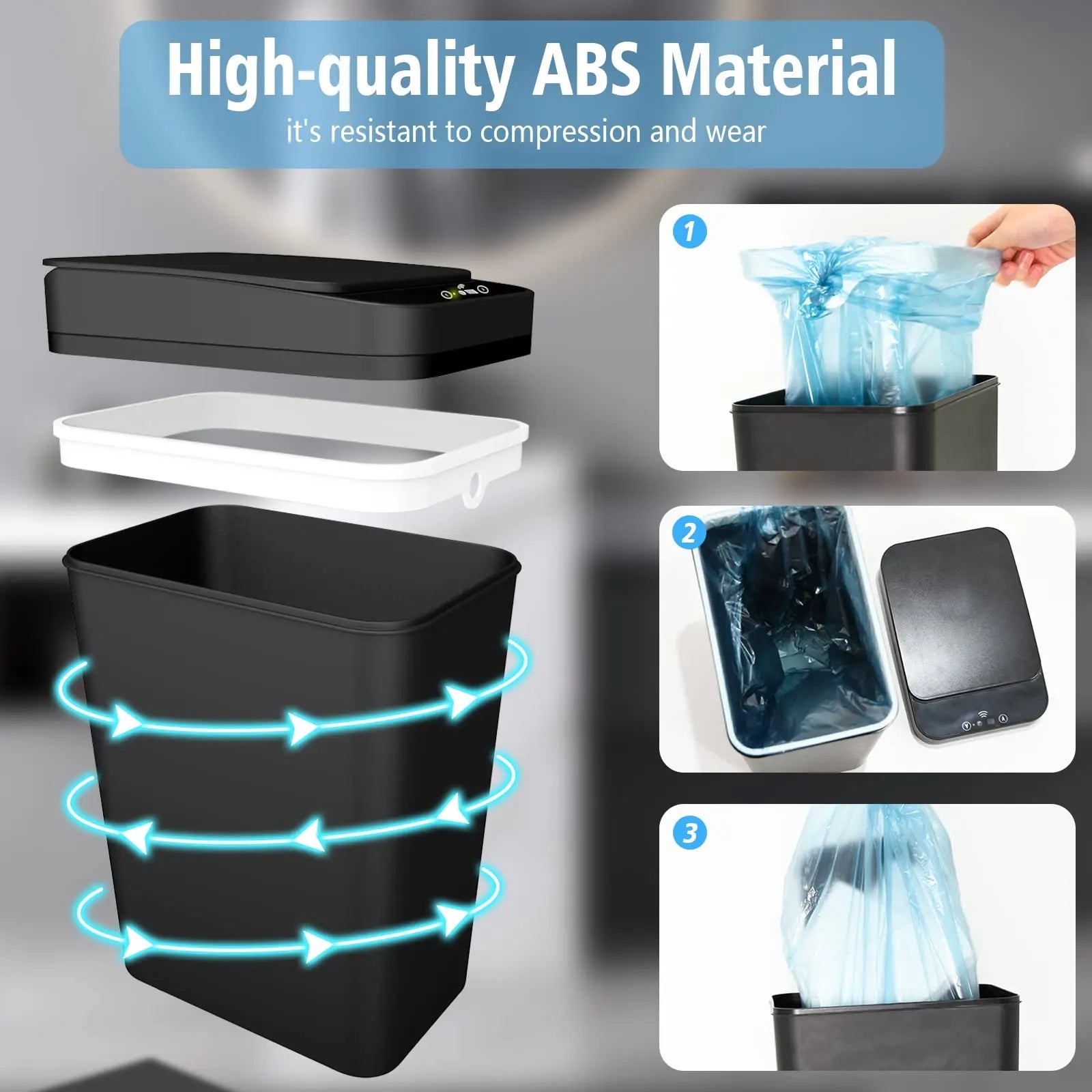Poubelle automatique blanche sans contact avec design pavé tactile près d'un lavabo